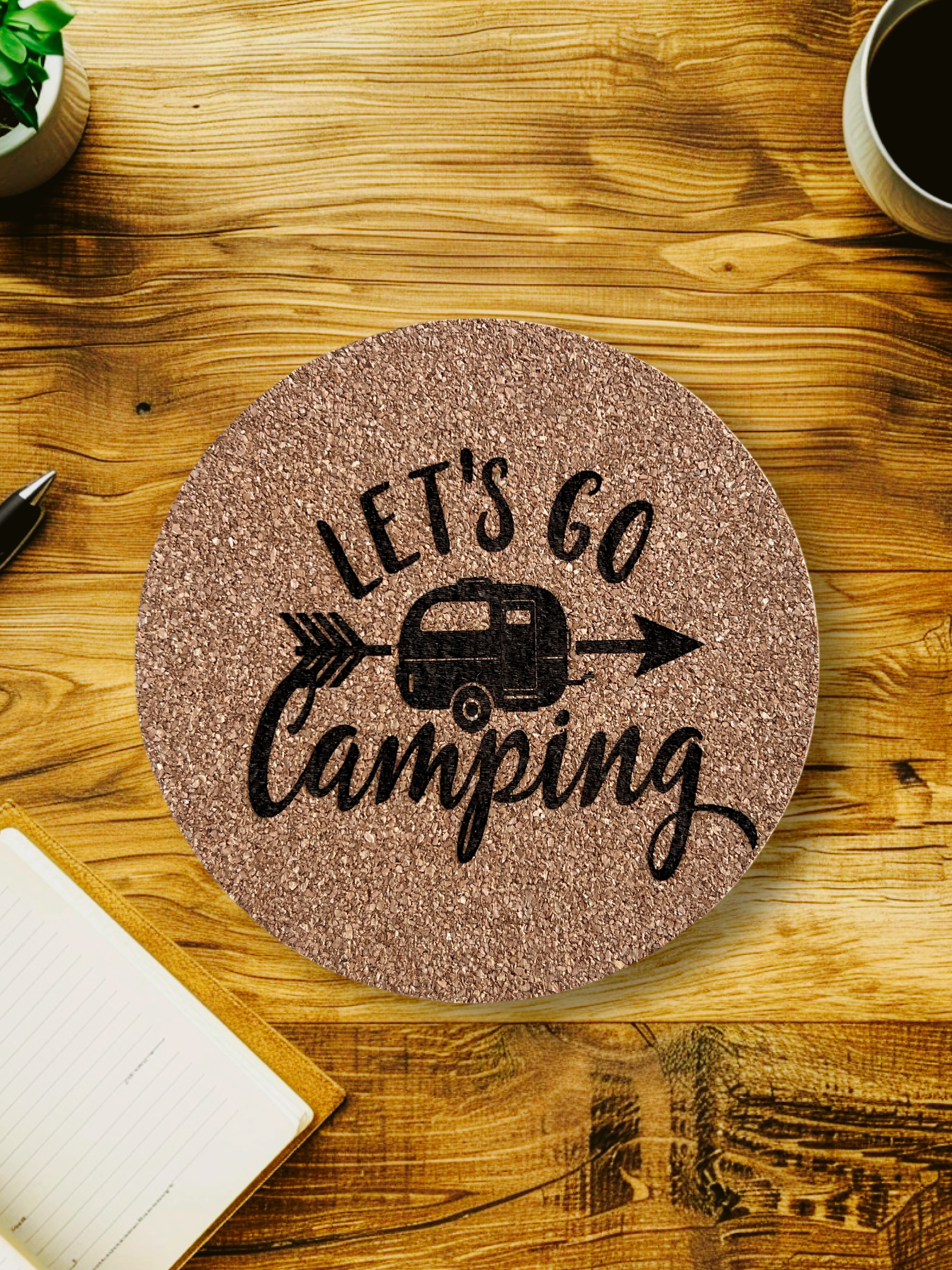 "Let's Go Camping" Engraved Cork Coaster Set