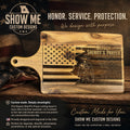 Show Me Custom Designs acacia wood cutting board with laser-engraved American flag, deputy sheriff, and prayer text.
